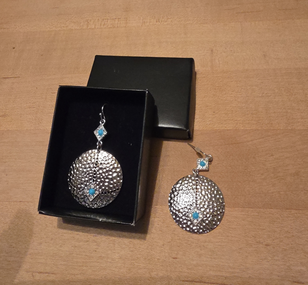 Avon Silver-Tone Hammered Disc Earrings with Turquoise Accents